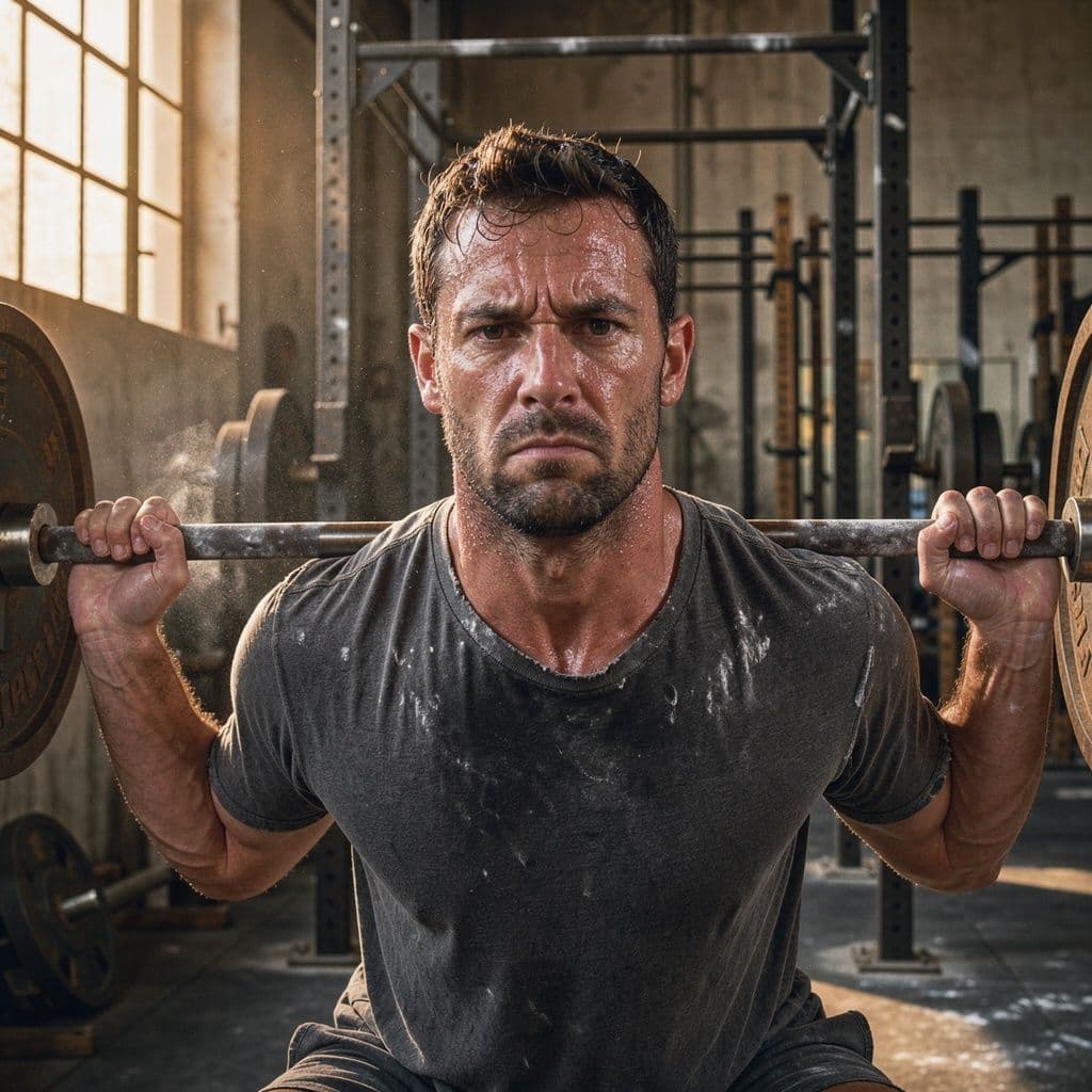 Hombre entrenando fuerte en el gimnasio